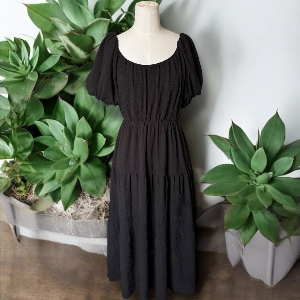 Astr The Label Black Smocked Tiered Midi Dress ( Size M)